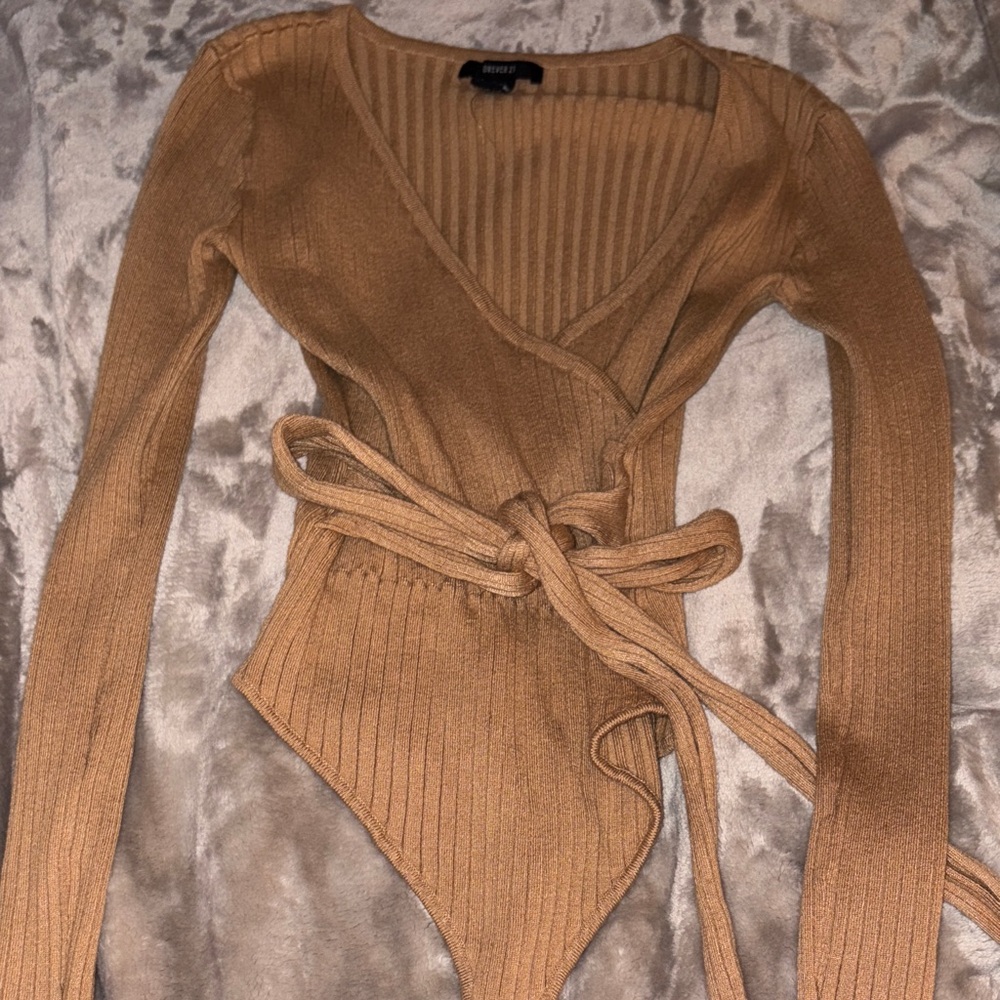Forever 21 Tan Ribbed Wrap Bodysuit
